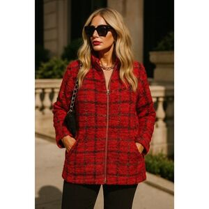 Vintage Chicos Design Womens Wool Jacket Coat Size 1 Tweed Red Plaid Boucle